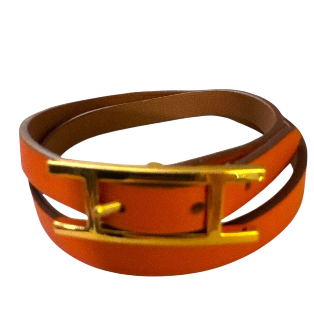 Hermes Behapi Double Tour Orange/Brown Leather Bracelet with Gold Buckle